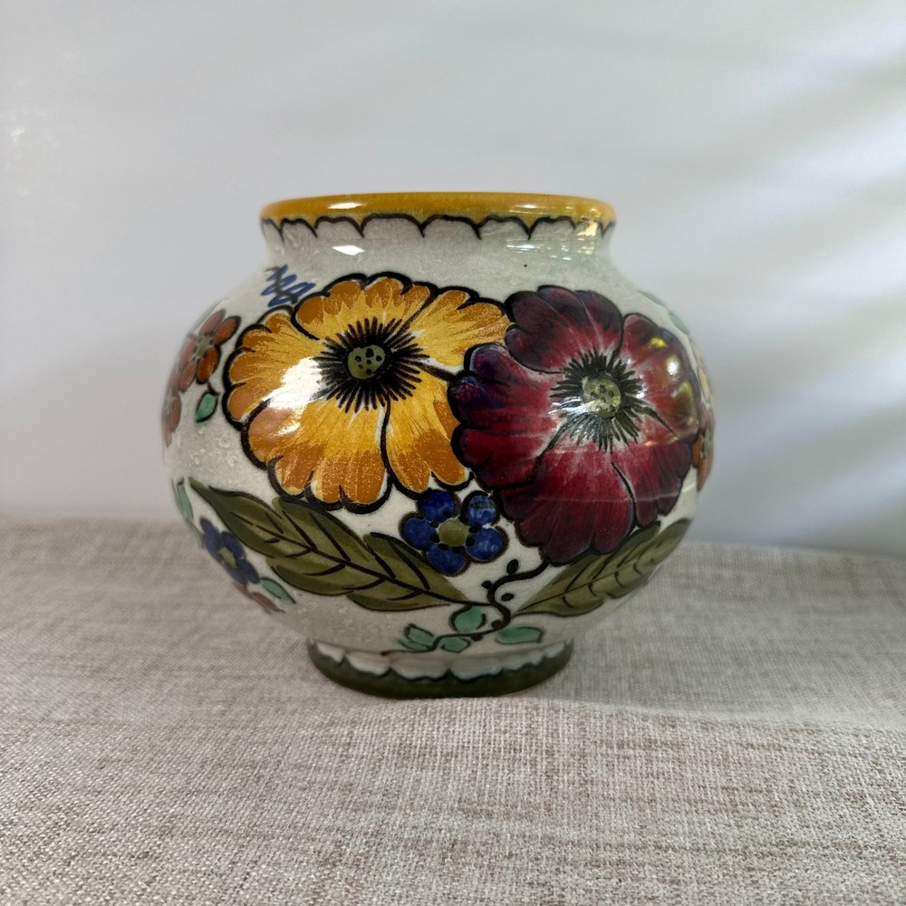 Vintage Royal Gouda AREO Vase Zuid Holland Hand Painted Floral 1940s